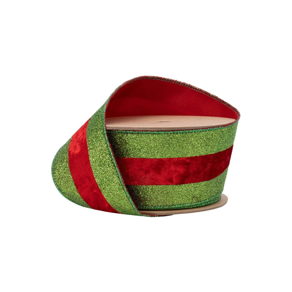 LaRibbons 2 1/2" Wired Ribbon, Green Glitter with Red Velvet Stripe, 10 Yard Roll