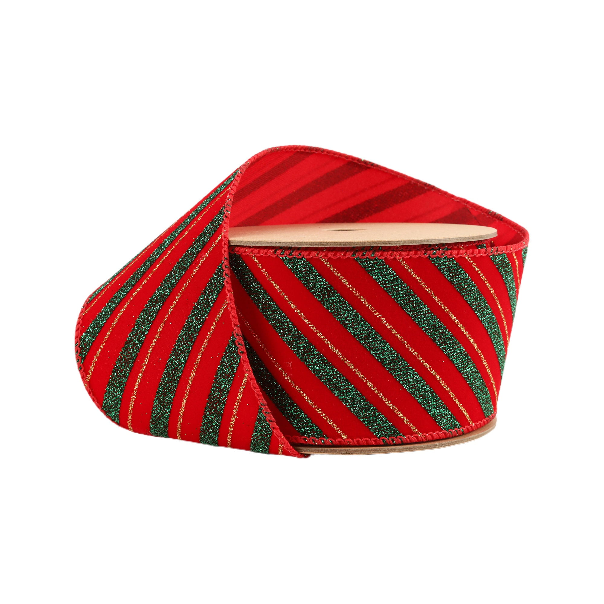 LaRibbons 2 1/2" Wired Ribbon, Green Stripe on Red, 10 Yard Roll