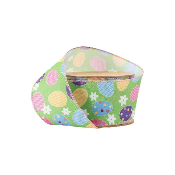 LaRibbons 2 1/2 Wired Ribbon | Green w/ Easter Eggs Flowers | 10 Yard Roll