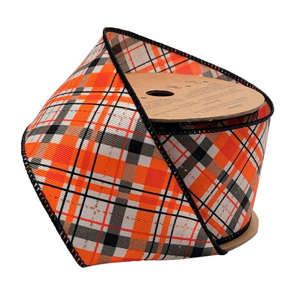 LaRibbons 2 1/2" Wired Ribbon | "Halloween Plaid" White/Org/Black | 10 Yard Roll