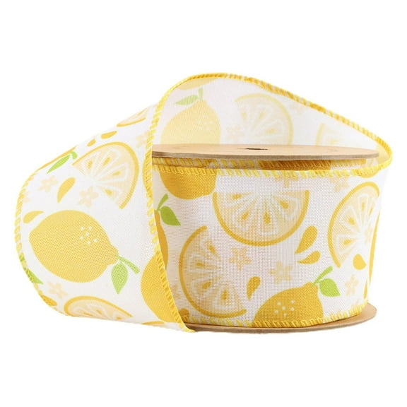 LaRibbons 2 1/2" Wired Ribbon | Lemon Slice on White | 10 Yard Roll