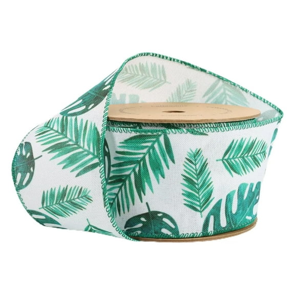 LaRibbons 2 1/2" Wired Ribbon | Monstera and Palm Leaf on White | 10 Yard Roll