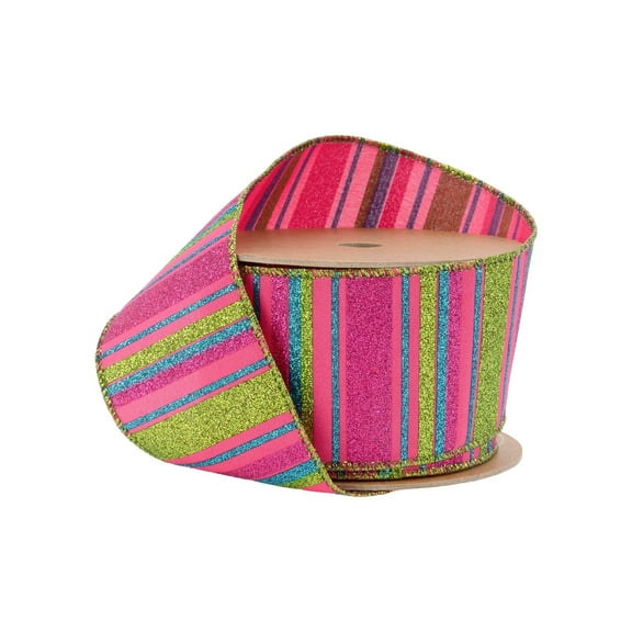 LaRibbons 2 1/2" Wired Ribbon, Multi Colored Stripes on Hot Pink, 10 Yard Roll