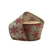 LaRibbons 2 1/2" Wired Ribbon, Natural with Red Glitter Snowflakes Red Metallic Edge, 10 Yard Roll