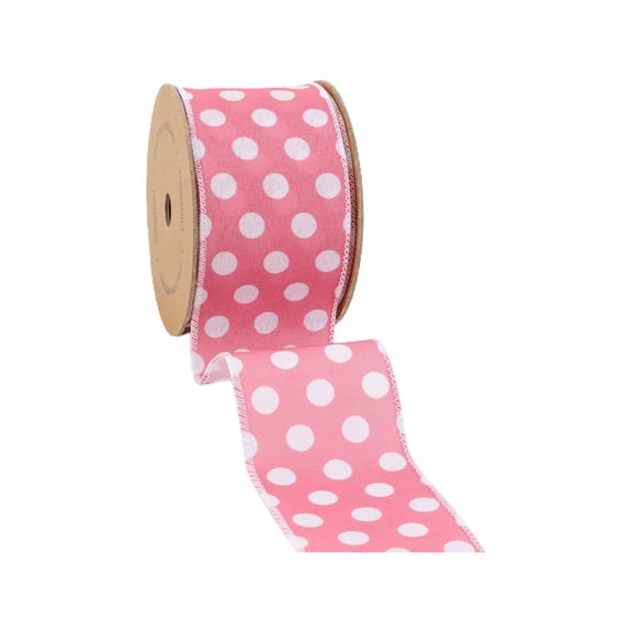 LaRibbons 2 1/2" Wired Ribbon | Pink w/ White Polka Dot | 10 Yard Roll