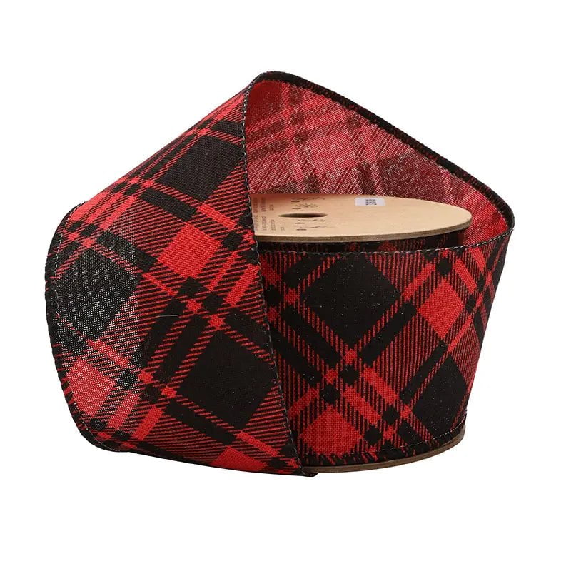 LaRibbons 2 1/2" Wired Ribbon, Printed Red/Black Bias Plaid, 10 Yard Roll