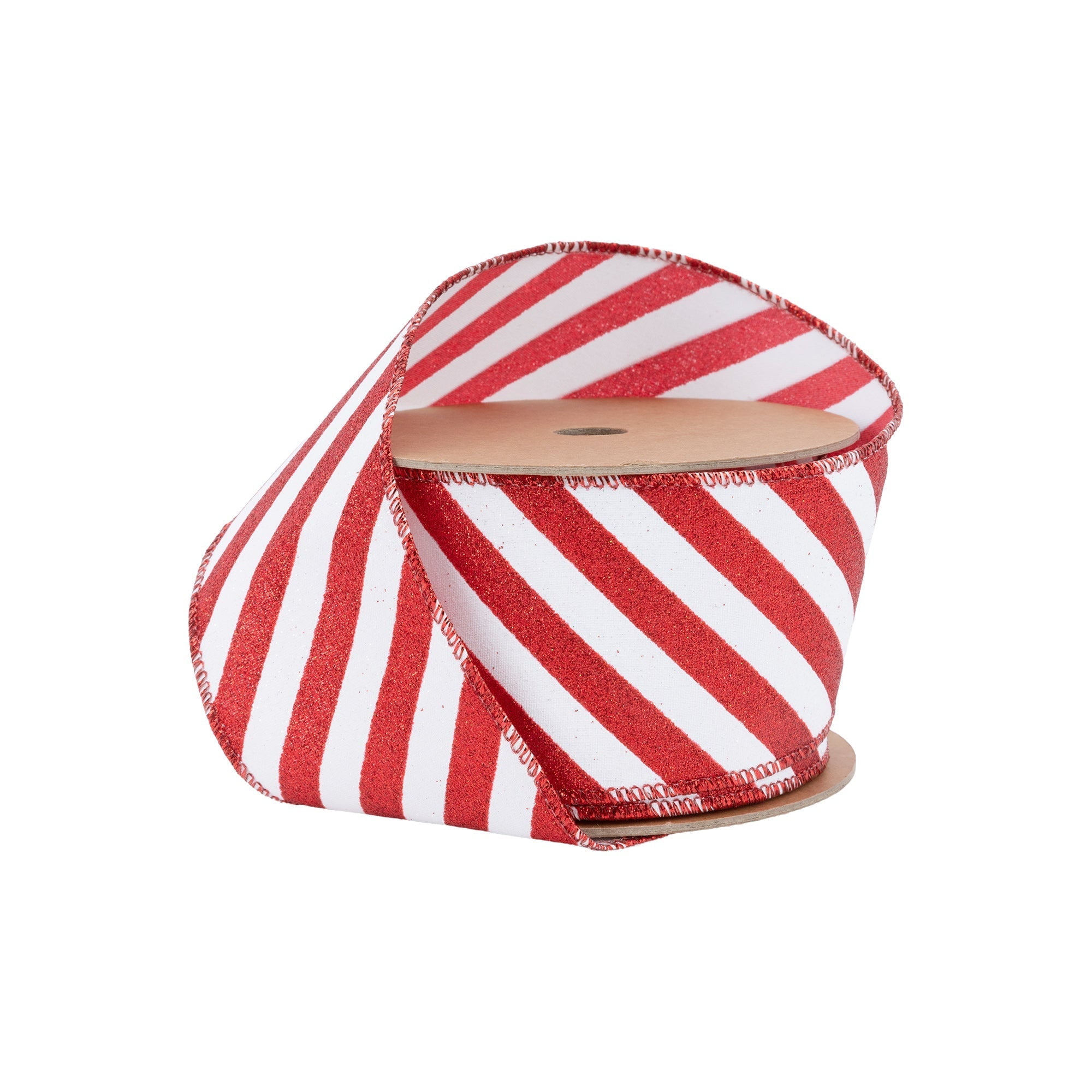 LaRibbons 2 1/2" Wired Ribbon, Red Glittered Diagonal Stripes on White, 10 Yard Roll