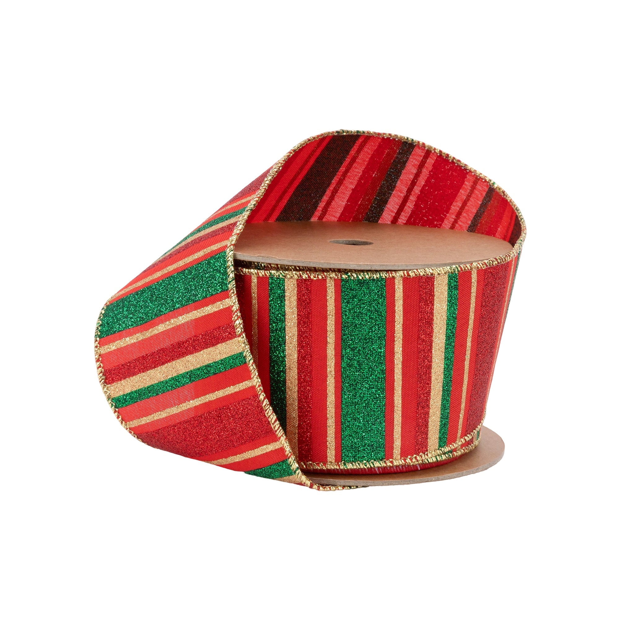 LaRibbons 2 1/2" Wired Ribbon, Red, Green, Gold Horizontal Glittered Stripes on Red, 10 Yard Roll