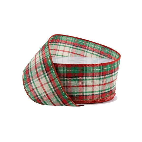 LaRibbons 2 1/2" Wired Ribbon, Red/Green Plaid Holiday Ribbon, 10 Yard Roll