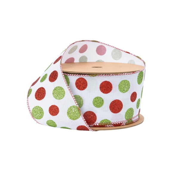 LaRibbons 2 1/2" Wired Ribbon, Red/Green Polka Dots w Glitter, 10 Yard Roll