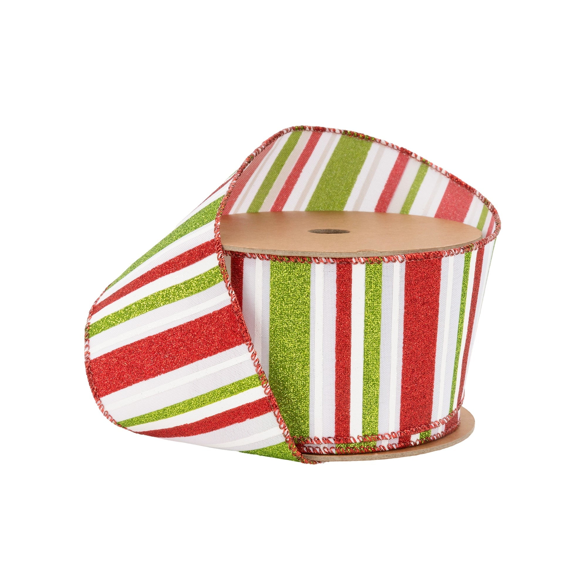 LaRibbons 2 1/2" Wired Ribbon, Red, Green, White Horizontal Glittered Stripes on White, 10 Yard Roll