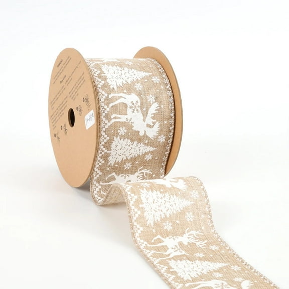 LaRibbons 2 1/2" Wired Ribbon | "Reindeer Tree" Natural/White | 10 Yard Roll