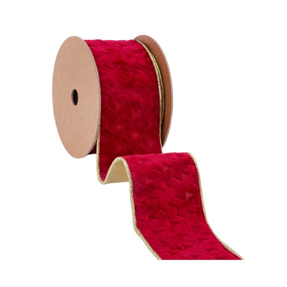 LaRibbons 2 1/2" Wired Velvet Ribbon, Red Geometric Embossed with Gold Backing, 10 Yard Roll