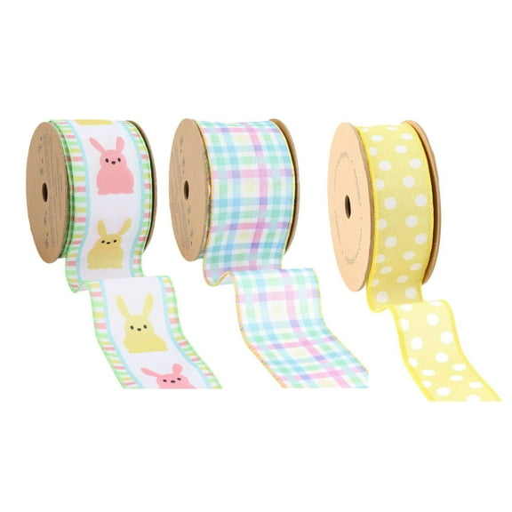 LaRibbons 2.5" Pastel Easter Bunny/Plaid/Polka Dot Wired Ribbon Bundle - 3 Rolls/30 Yards Total