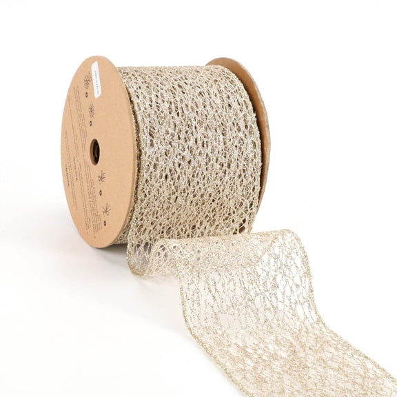 LaRibbons 3" Mesh Wired Ribbon | White Gold | 10 Yard Roll