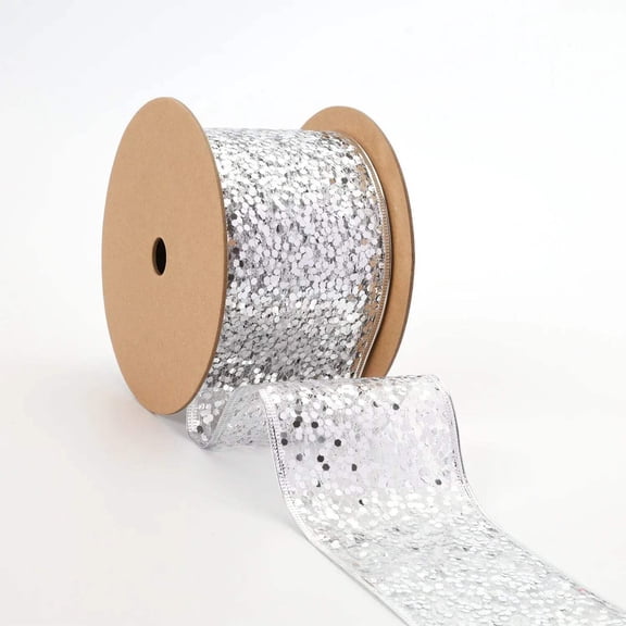 LaRibbons 3" Silver Sequin Wired Ribbon, 10 Yard Roll