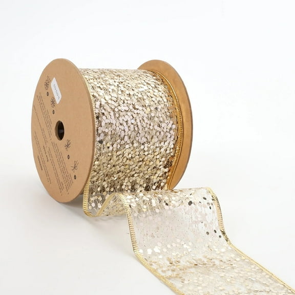 LaRibbons 3" Sequin Wired Ribbon | White Gold