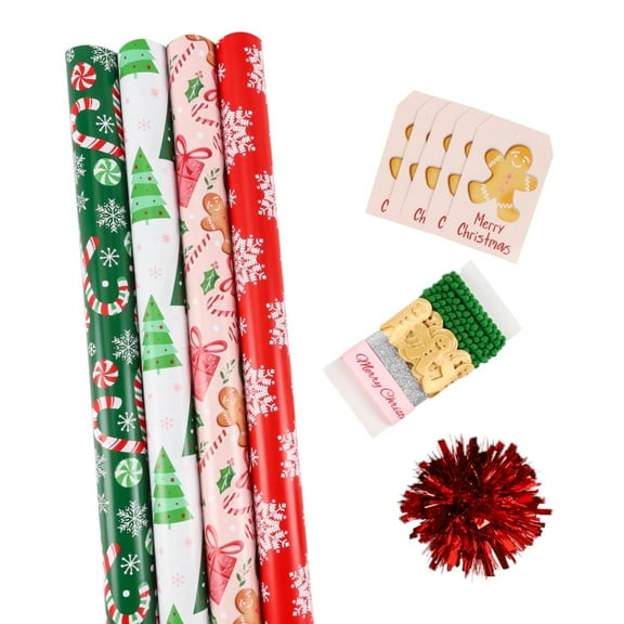 LaRibbons 30" x 10' Christmas Wrapping Paper Holiday Gift Wrap Kit, Pink Gingerbread