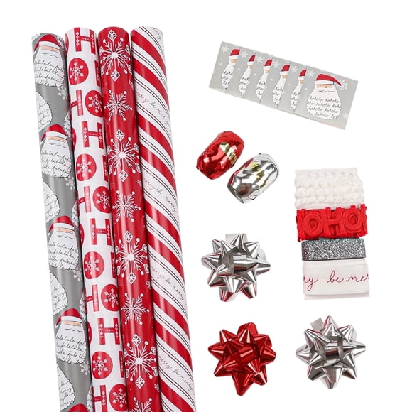 LaRibbons 30" x 10' Christmas Wrapping Paper, Holiday Reversible Gift Wrap Paper Kit, Merry Ho Ho