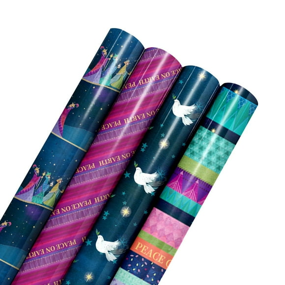 LaRibbons 30" x 10' Holiday Wrapping Paper Bundle 4 Pack, Peace on Earth