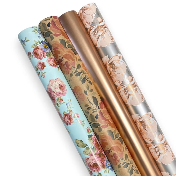 LaRibbons 30" x 10' Wrapping Paper Bundle (4-Pack), Floral Rose Gold Multi