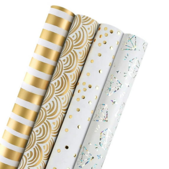 LaRibbons 30" x 10' Wrapping Paper Bundle (4 Roll Pack) | White/Gold/Silver Diamonds/Dots/Rainbows/Stripes