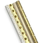 LaRibbons 30" x 10' Wrapping Paper Bundle (4 Roll Pack) White,Ivory,Gold Herringbone,Dots,Triangles,Art Deco