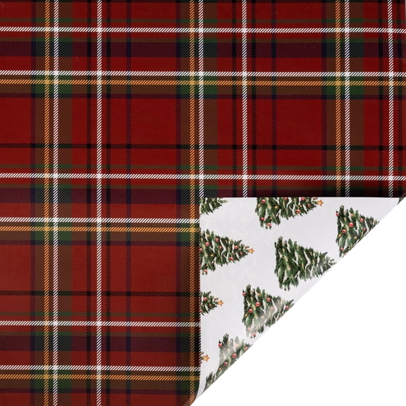 LaRibbons 30" x 33' Holiday Reversible Wrapping Paper Jumbo Roll | Traditional Tartan Plaid and Decorated Trees