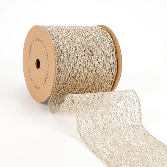 LaRibbons 4" Mesh Wired Ribbon | White Gold | 10 Yard Roll