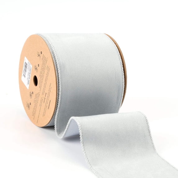 LaRibbons 4" Reversible Classic Velvet Shimmer Wired Ribbon, Silver, 10 Yard Roll