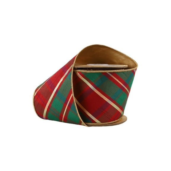 LaRibbons 4" Wired Dupioni Ribbon, Red/Green/Gold Plaid Bias Cut w/ Double-Fused Gold Backing, 10 Yard Roll