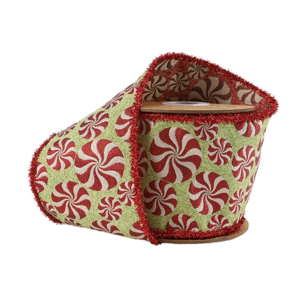 LaRibbons 4" Wired Jacquard Ribbon, Peppermint on Apple Green w/ Tinsel Edge, 5 Yard Roll