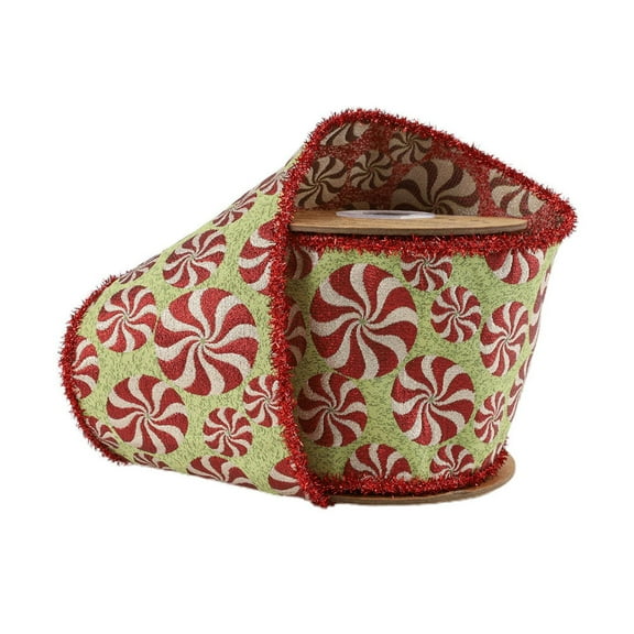 LaRibbons 4" Wired Jacquard Ribbon, Peppermint on Apple Green w/ Tinsel Edge, 5 Yard Roll