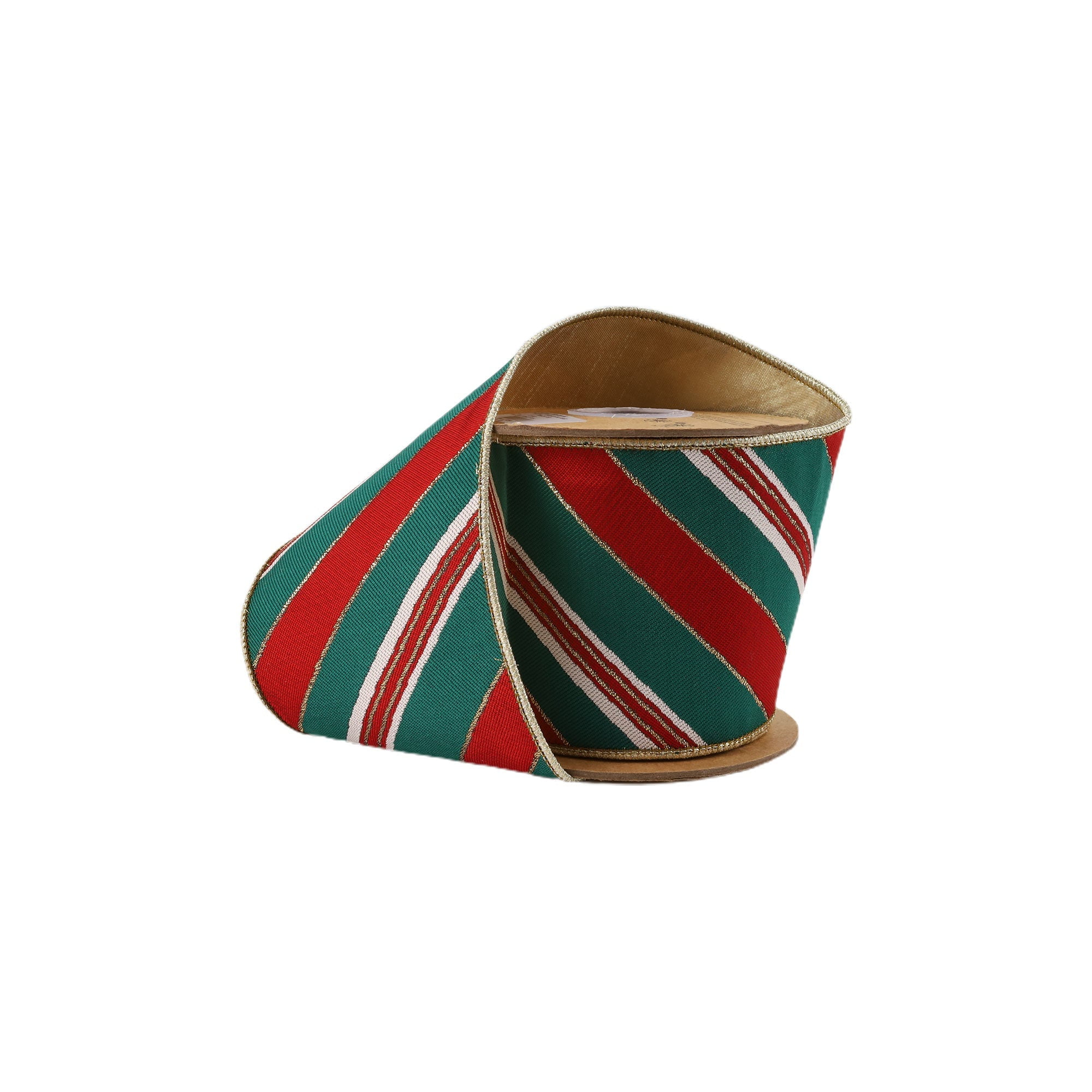 LaRibbons 4" Wired Jacquard Ribbon, Red/Green Christmas Stripes w/ Gold Backing, 5 Yard Roll