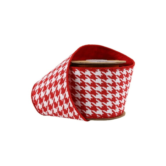 LaRibbons 4" Wired Ribbon, Red/White Houndstooth w/ Double-Fused Red Tafetta Backing, 5 Yard Roll
