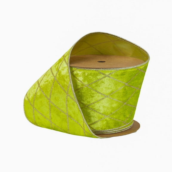 LaRibbons 4" Wired Velvet Ribbon, Lime with Glittered Diamond, 10 Yard Roll
