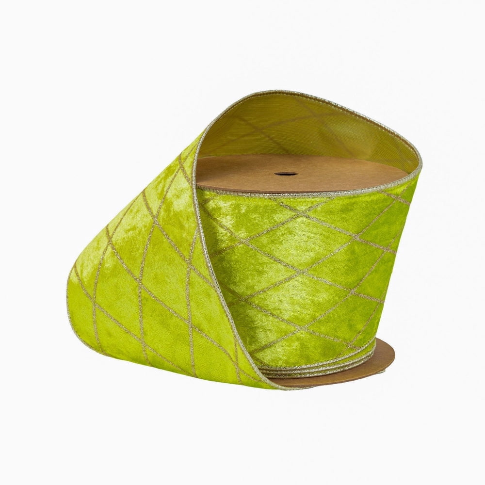 LaRibbons 4" Wired Velvet Ribbon, Lime with Glittered Diamond, 10 Yard Roll