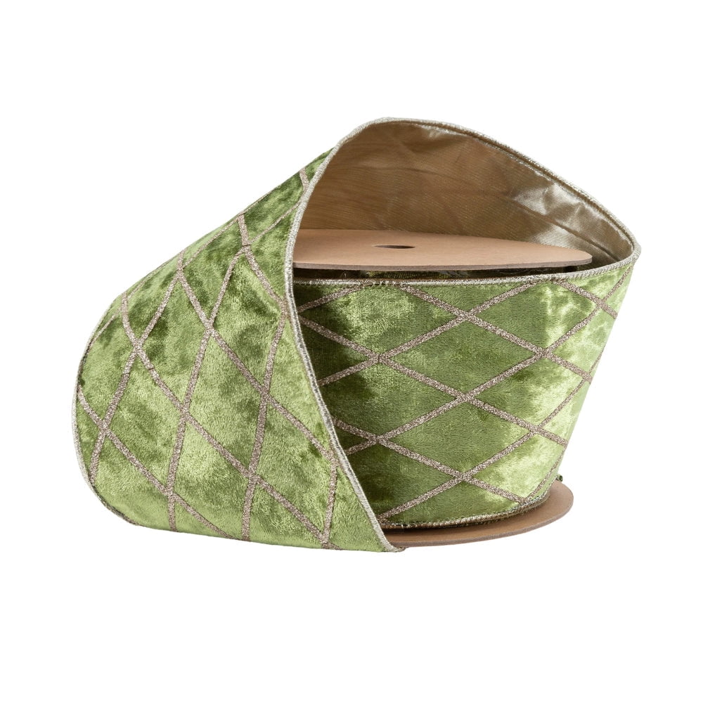 LaRibbons 4" Wired Velvet Ribbon, Willow Green with Glittered Diamond, 10 Yard Roll