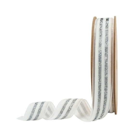 LaRibbons 7/8" Striped Metallic Velvet Ribbon | White/Silver | 10 Yard Roll