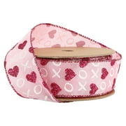 LaRibbons Wired Ribbon | Pink w/ Red Glitter Heart White XO | 10 Yard Roll