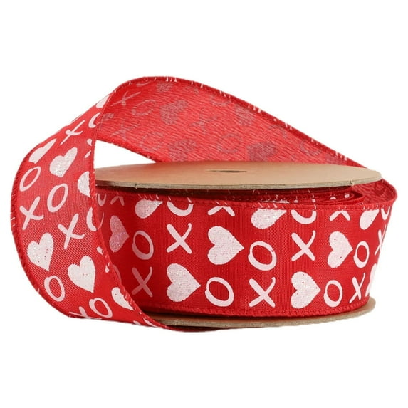 LaRibbons Wired Ribbon | Red w/ White Glitter Heart XO | 10 Yard Roll