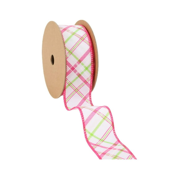 LaRibbons Wired Ribbon | White w/ Pastel Pink and Green Bias Plaid | 10 Yard Roll