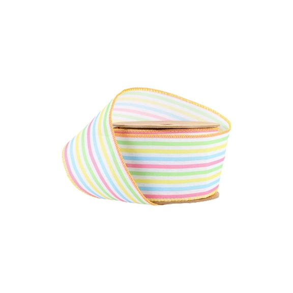 LaRibbons Wired Ribbon | White w/ Pastel Stripe | 10 Yard Roll