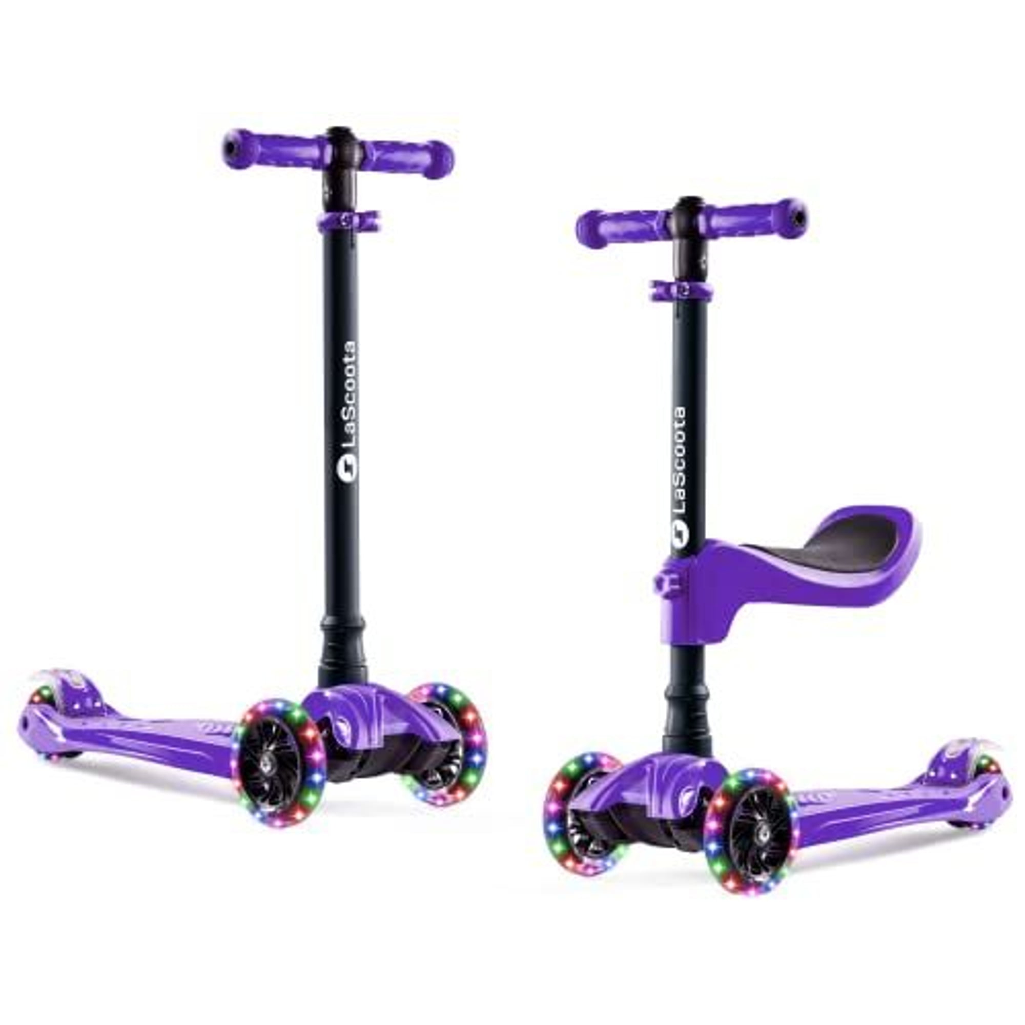 LaScoota 2-in-1 Kids Kick Scooter, Adjustable Height Handlebars and Removable Seat, 3 LED Lighted Wheels - Purple