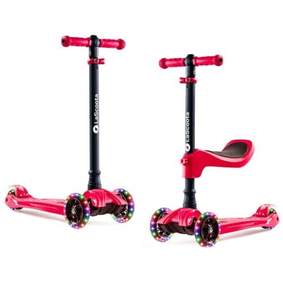 Lascoota Kick Scooter with Seat - Convertible 2-in-1 Ride for Red Scooter with Seat - LED Light Wheels for Young Riders - Adjustable Handlebar for Kids - Red, 21.7 x 4.7 x 34 in