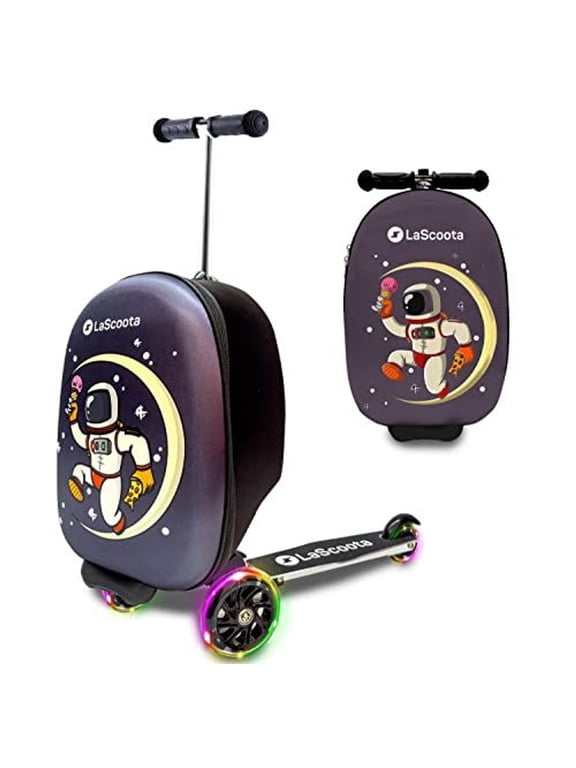 Scooter Suitcase - 2-in-1 Ride-On Suitcase for Kids Ages 6-12 - Foldable Lightweight Boys Luggage - LED Light Scooter Luggage for Kids - Astronaut, Unisex Child, 17.3 x 12.4 x 8.7 in
