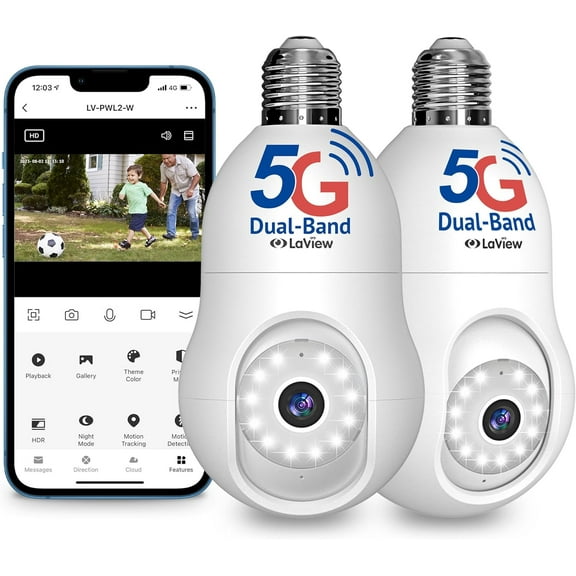 LaView 4MP Bulb Security Camera 5G& 2.4GHz, 3602K Security Cameras Wireless Outdoor Indoor Full Color Day and Night, Motion Detection, Audible Alarm, Easy Installation, Compatible with Alexa (2 Pack)