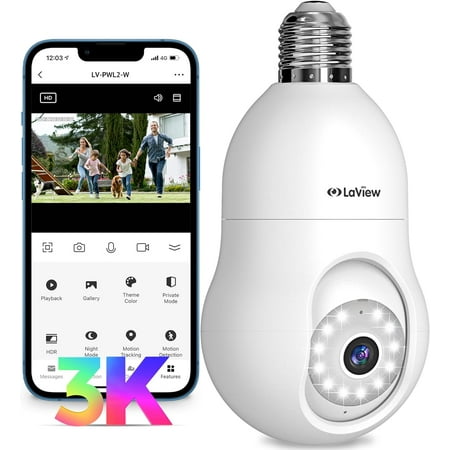 LaView 5MP QHD Bulb Security Camera 2.4GHz, 360° 3K Security Cameras Wireless Outdoor Indoor Full Color Day and Night, AI Motion Detection, Audible Alarm, Easy Installation, Compatible with Alexa
