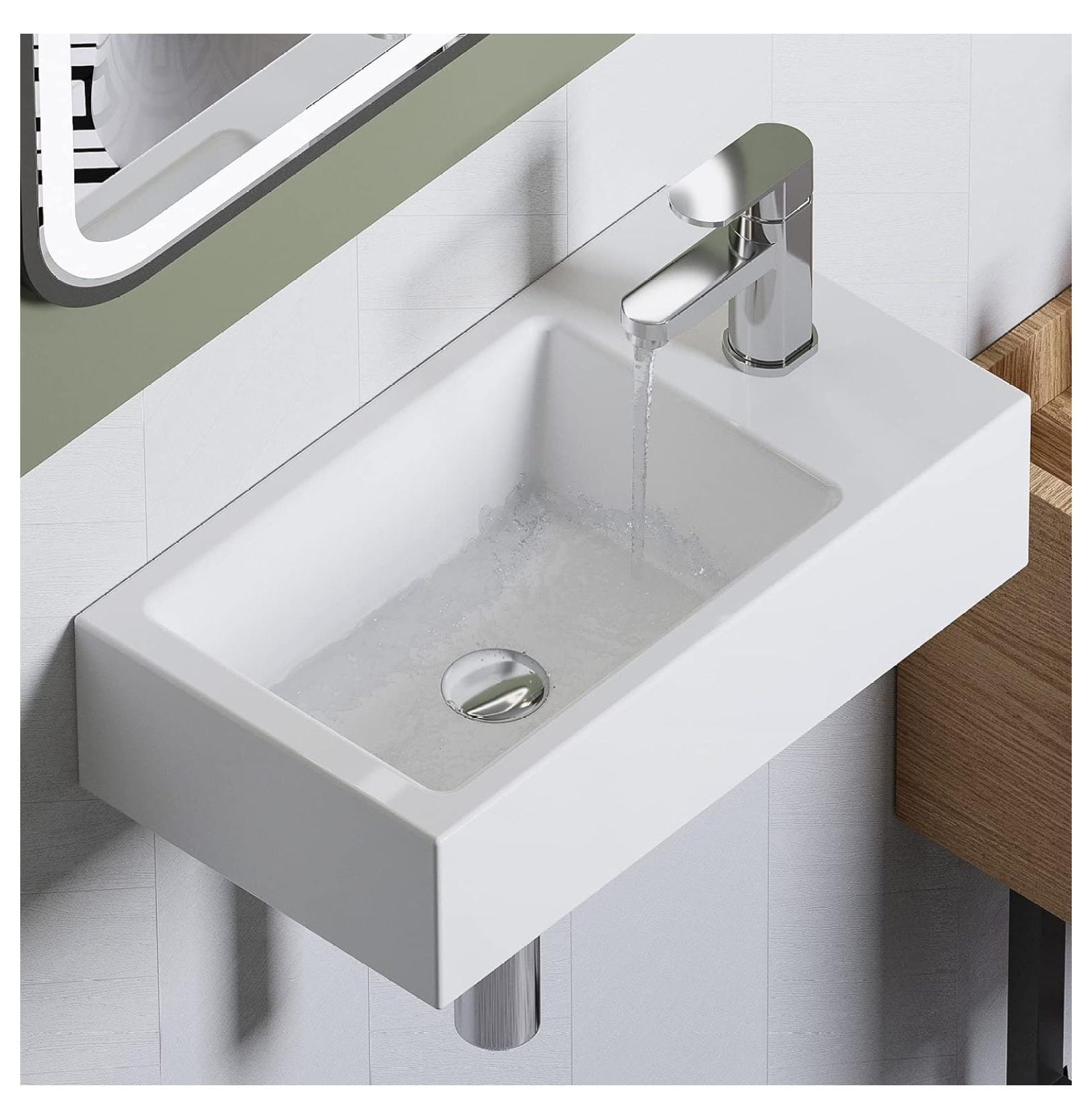 White Ceramic Rectangular Wall Mount Bathroom Sink 18''