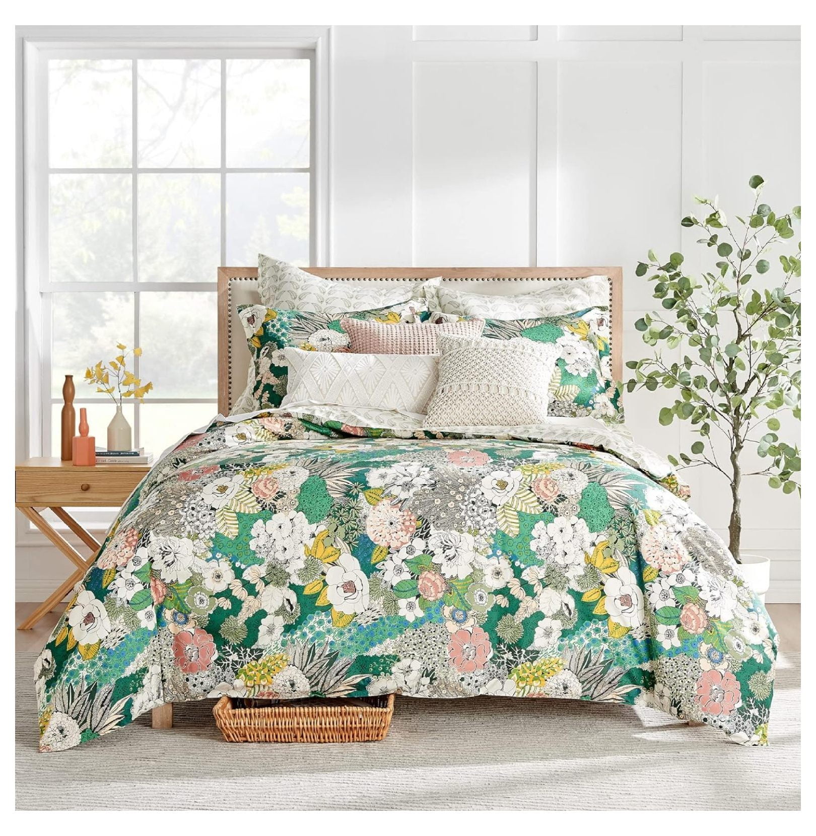 Bettina Floral Cotton King Duvet Cover in Teal and Green